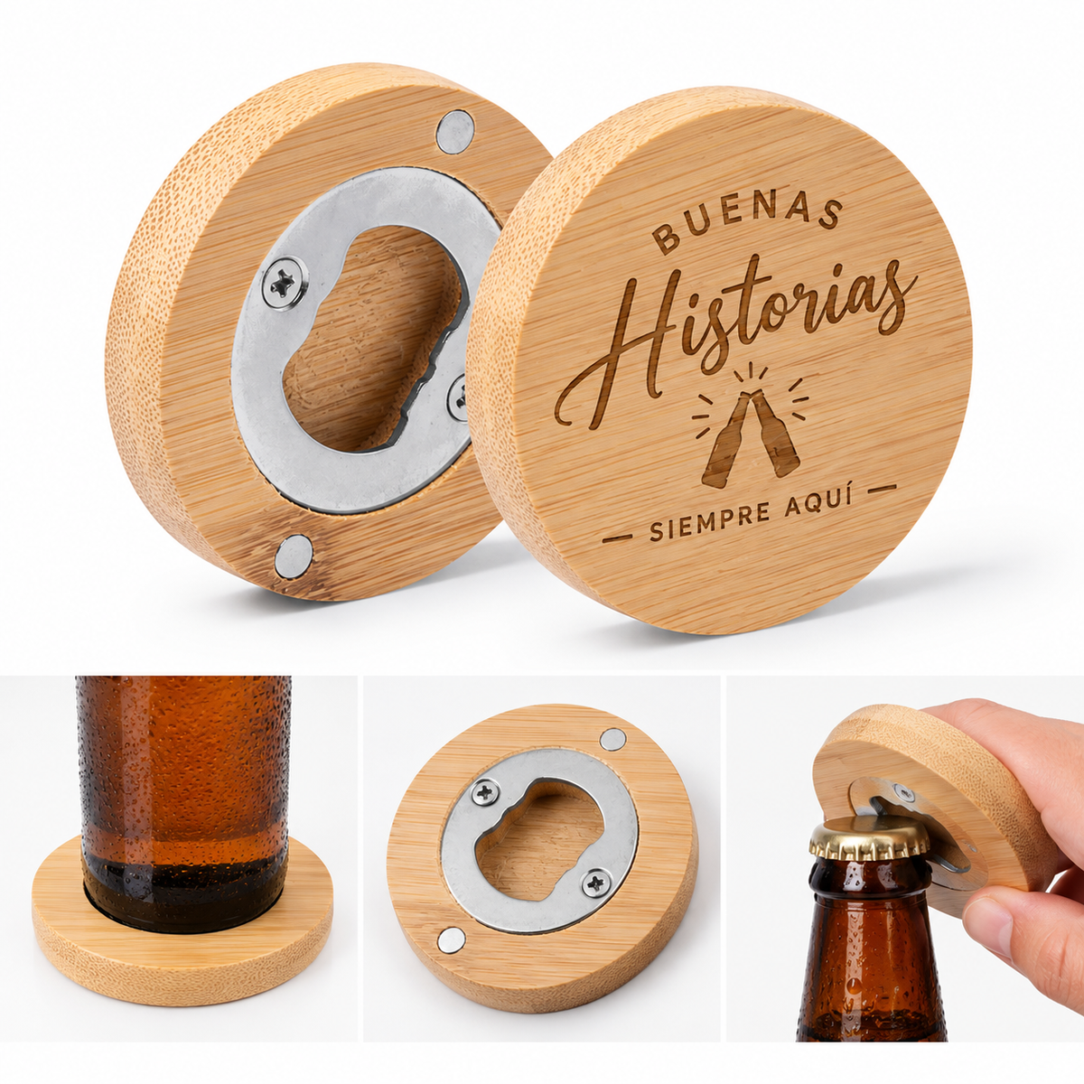 Abrebotellas BAMBÚ | Abridor Magnético y Posavasos Personalizado