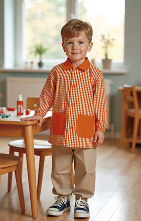Niño con babi escolar SCHOOL KIDS naranja de cuadros, cuello camisero y dos bolsillos