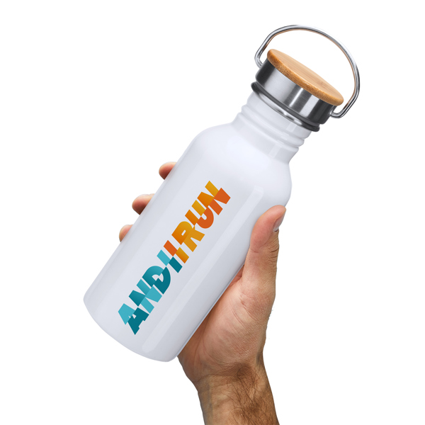 Bidón LECHERITA blanco de acero inoxidable de 650 ml con tapón de bambú y personalización a color