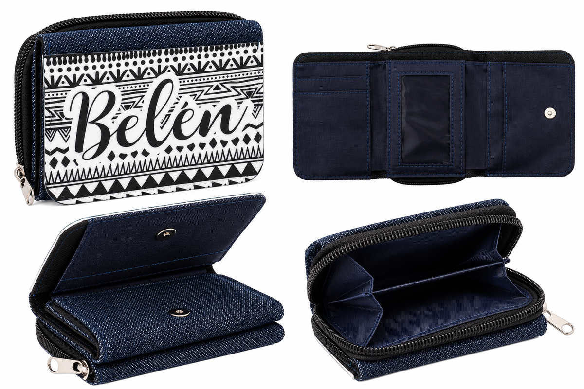 Cartera vaquera DENIM personalizada, vistas exteriores e interiores sin insignia