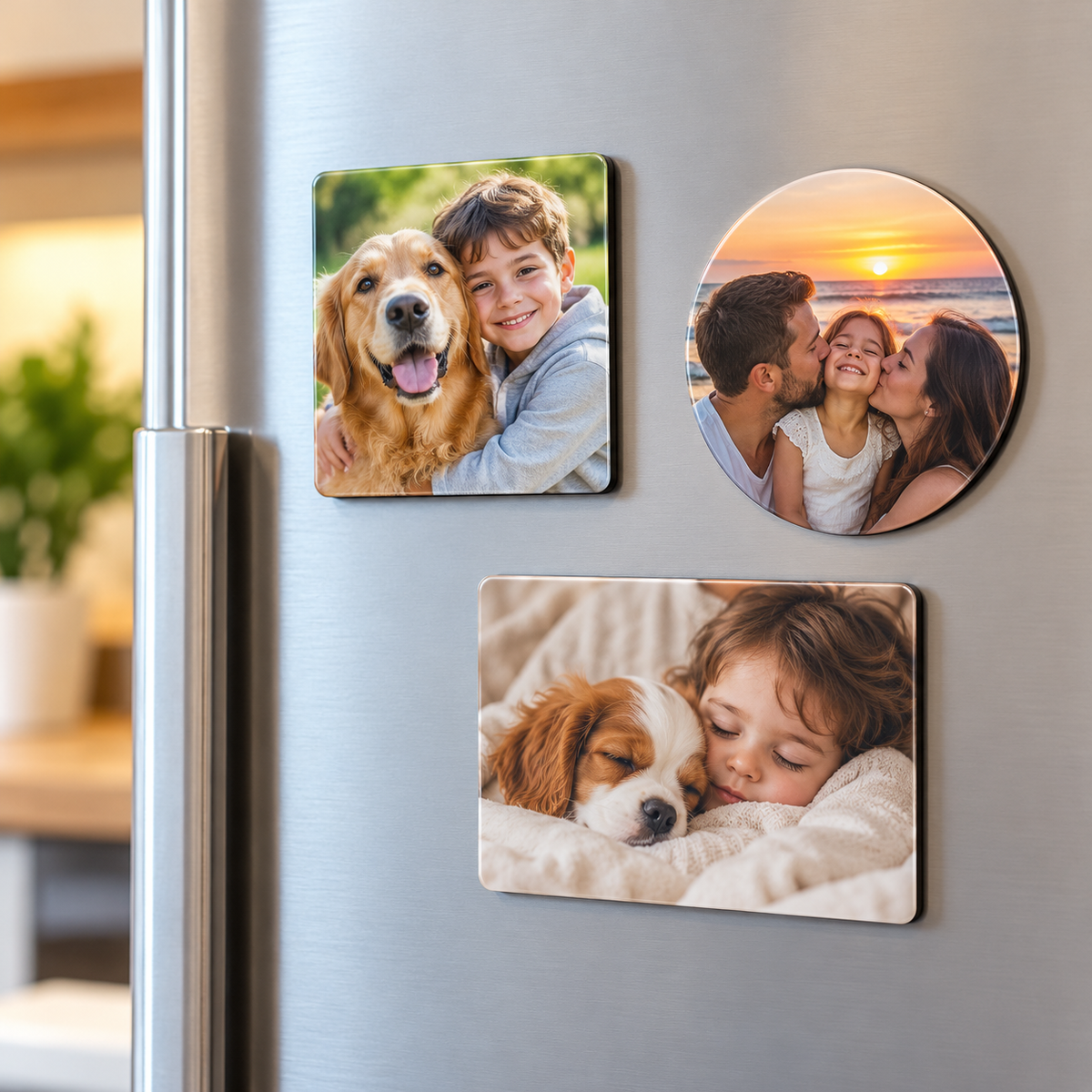 Imanes personalizados cuadrado, redondo y rectangular con fotografías sobre frigorífico