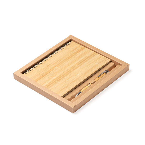 Set RAÍZ de libreta y bolígrafo de bambú presentado en caja de cartón