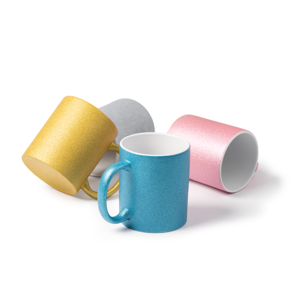 Tazas glitter amarilla, azul, rosa y gris