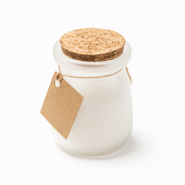 Vela aromática AROMA en cristal esmerilado con tapa de corcho y etiqueta kraft